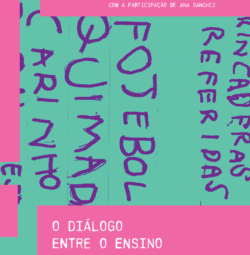 Capa do livro O diálogo entre o ensino e a aprendizagem, de Telma Weisz, com a participação de Ana Sanchez. O fundo é verde-água, com letras grandes em roxo simulando escrita infantil, onde aparecem palavras como “FOJEBOL”, “QUIMADA” e “CARINHO”. Faixas retangulares em rosa destacam os textos em branco: na parte superior, o nome da autora e a menção à participação de Ana Sanchez; na parte inferior, o título do livro.